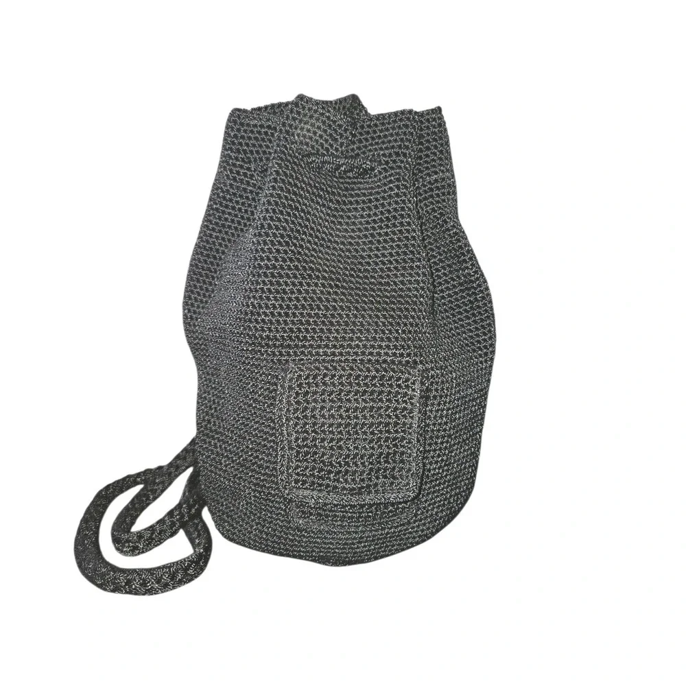 The Sak Black Crochet Front Pocket Drawstring‎ Bucket Bag Backpack 12